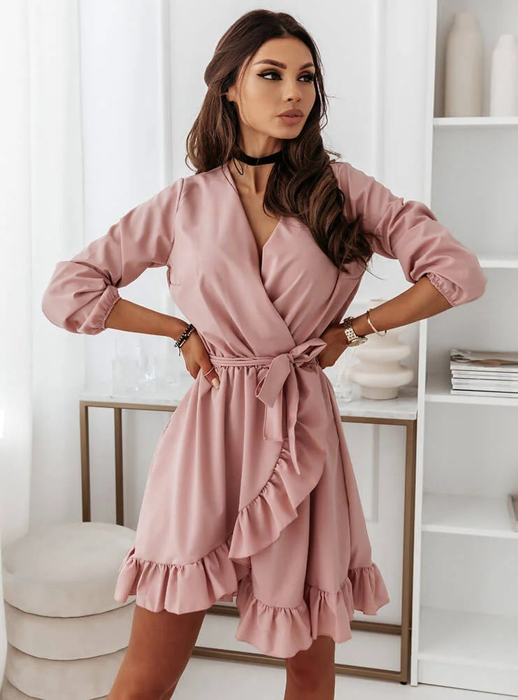 PB Di Moda Fashion Long-sleeved Ruffled Belted Dress