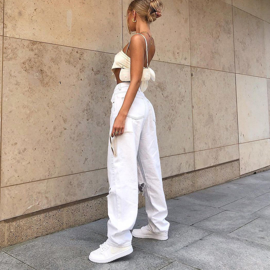 Street fashion Big Hole White Jeans