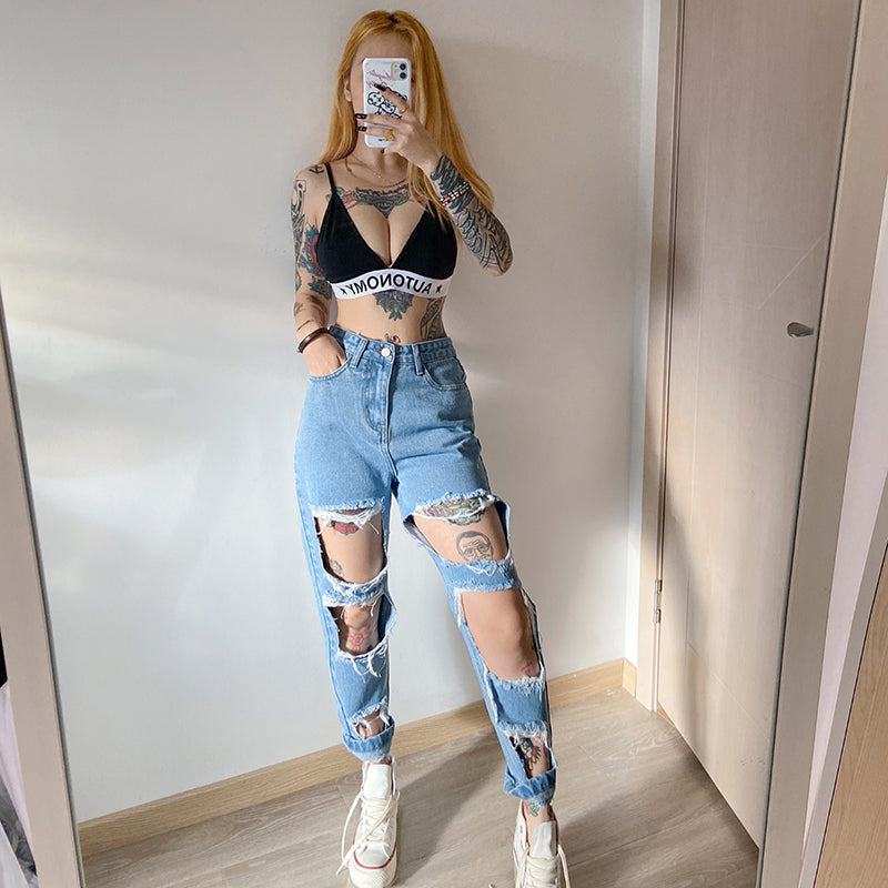 PB Di Moda Fashion Style Ripped raw high-rise jeans