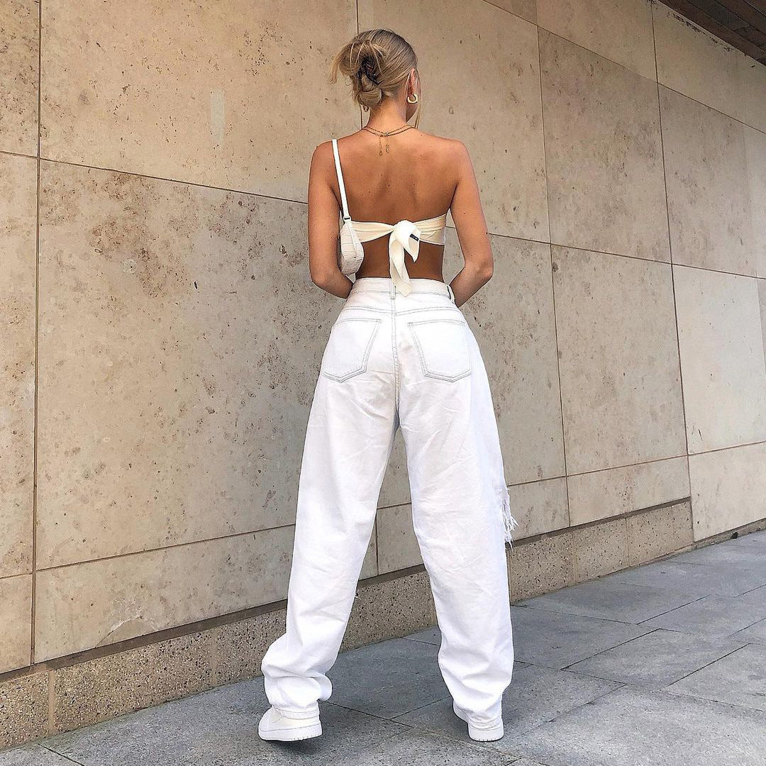 Street fashion Big Hole White Jeans