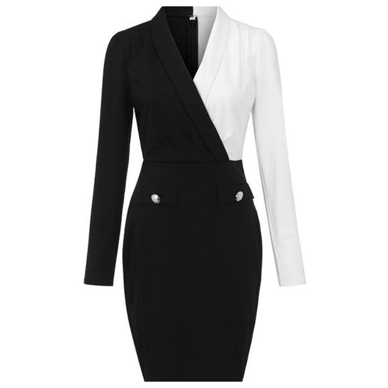 PB Di Moda Long Sleeve Black And White Stitching Suit Hip Skirt