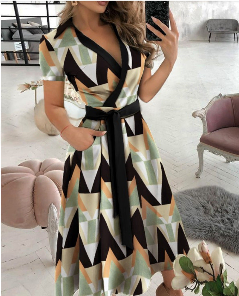 PB Di Moda Fashion V Neck Printed Hip Dress Women's