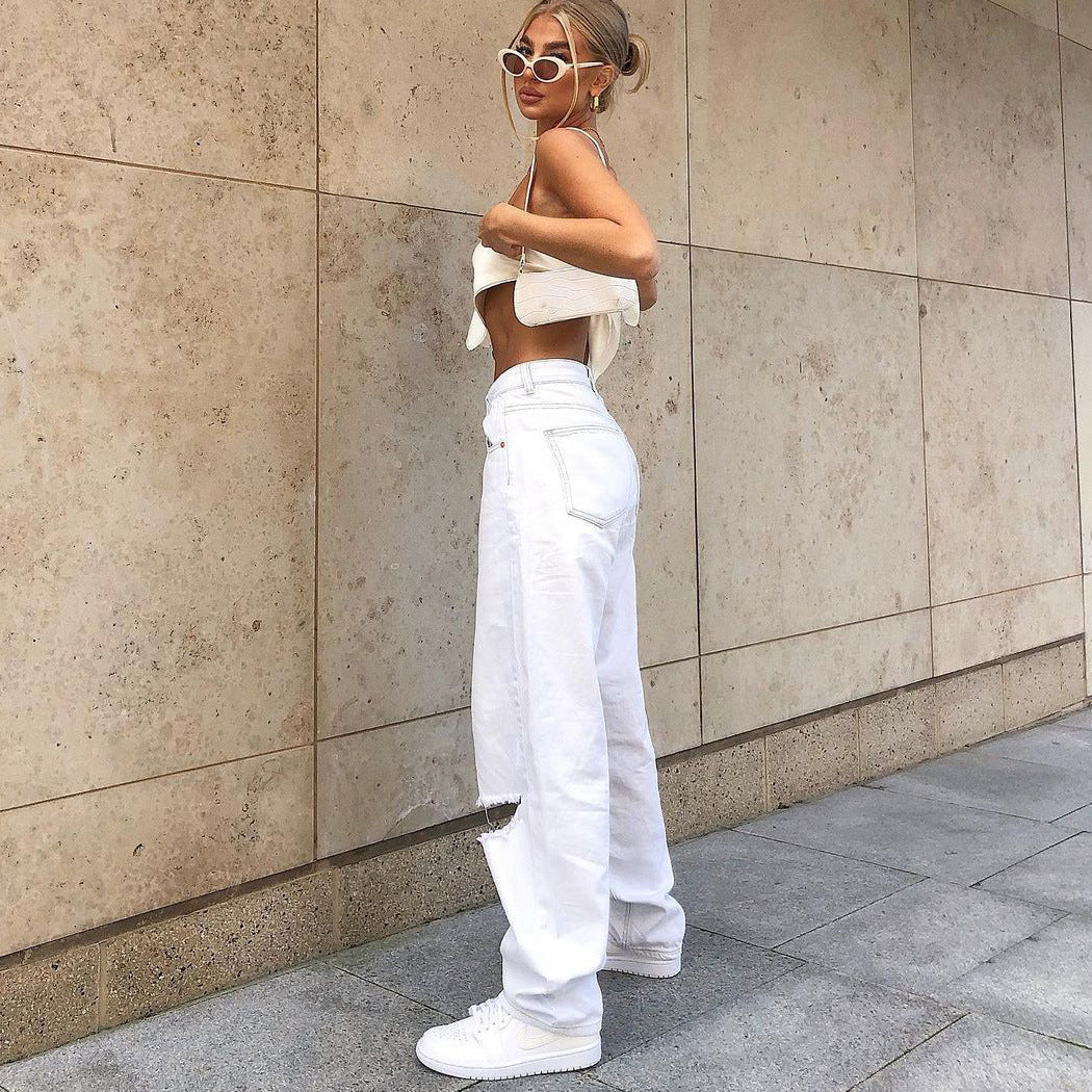 Street fashion Big Hole White Jeans