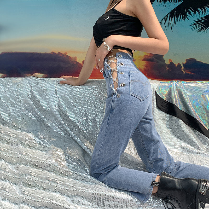 PB Di Moda Fashion Style High waist jeans personality chain