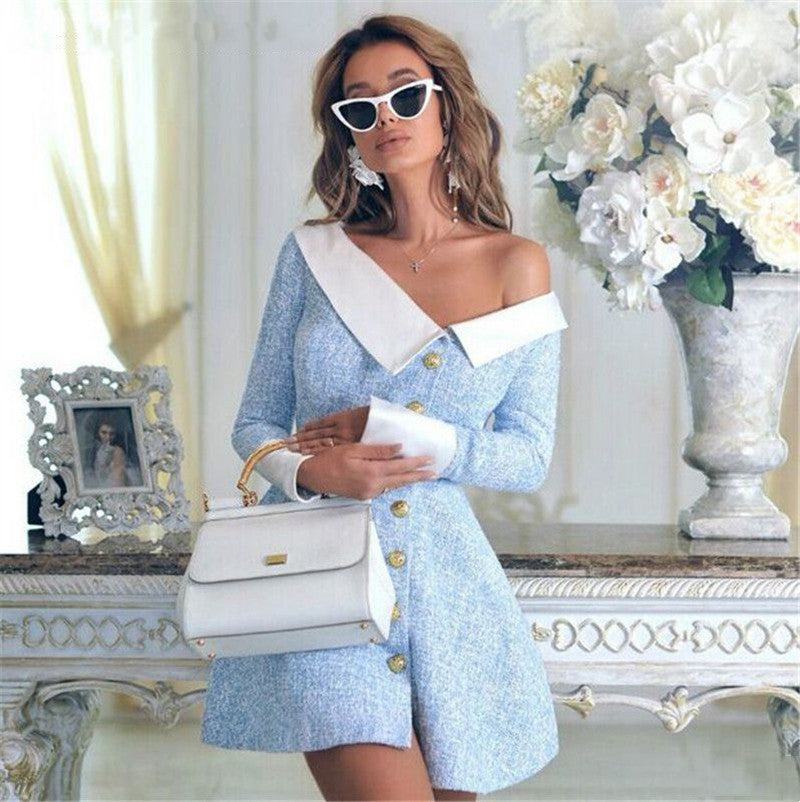 PB Di Moda Lapel Oblique Shoulder Irregular Dress