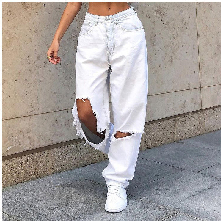 Street fashion Big Hole White Jeans