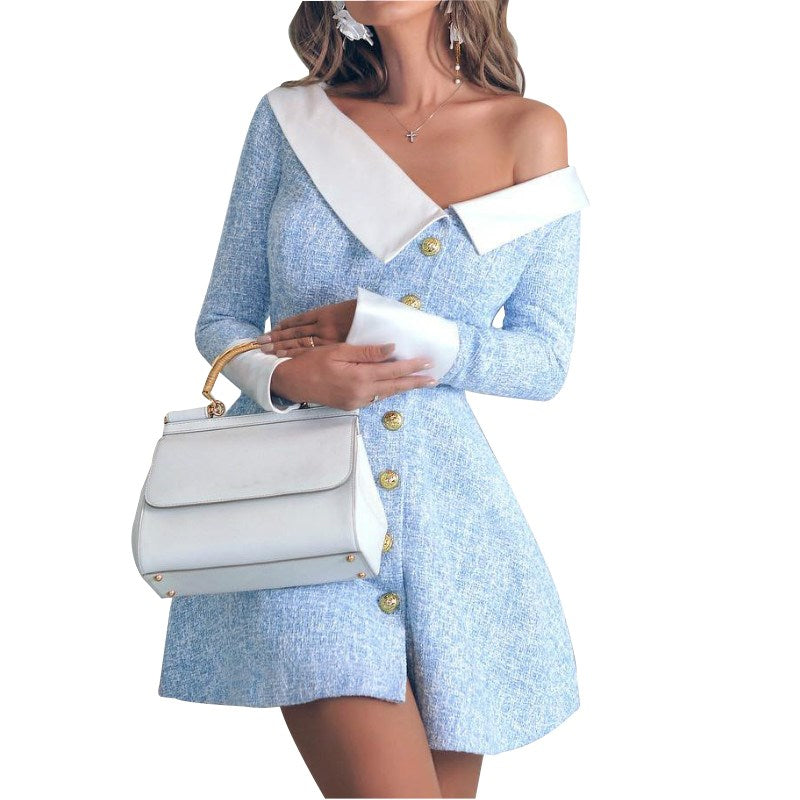 PB Di Moda Lapel Oblique Shoulder Irregular Dress