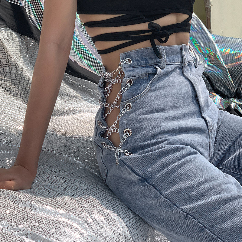 PB Di Moda Fashion Style High waist jeans personality chain