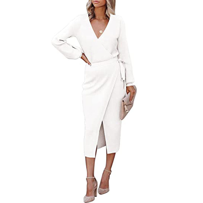 PB Di Moda Elegant V-Neck Solid Color Knit Dress