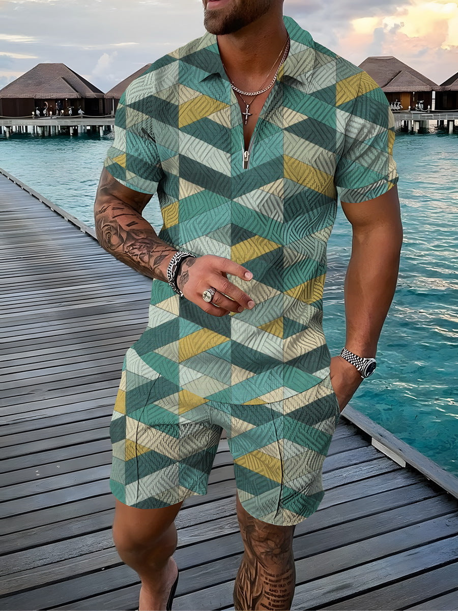 PB Di Moda Fashion Polo Suit Summer Geometric Print