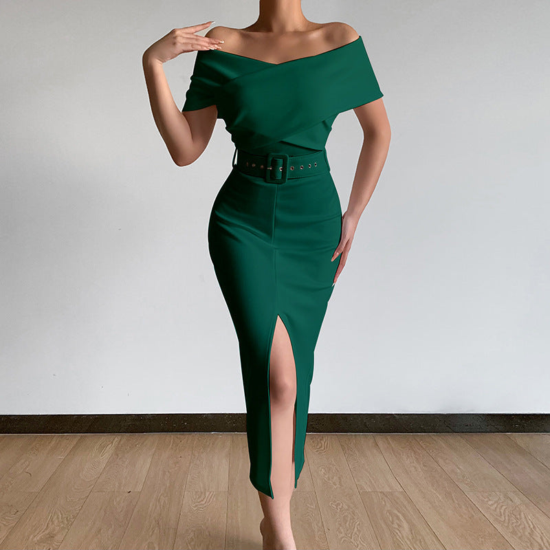 PB Di Moda Commuter Simple Off-the-shoulder Belt Slit Skirt
