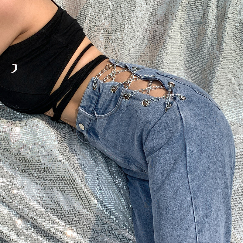 PB Di Moda Fashion Style High waist jeans personality chain