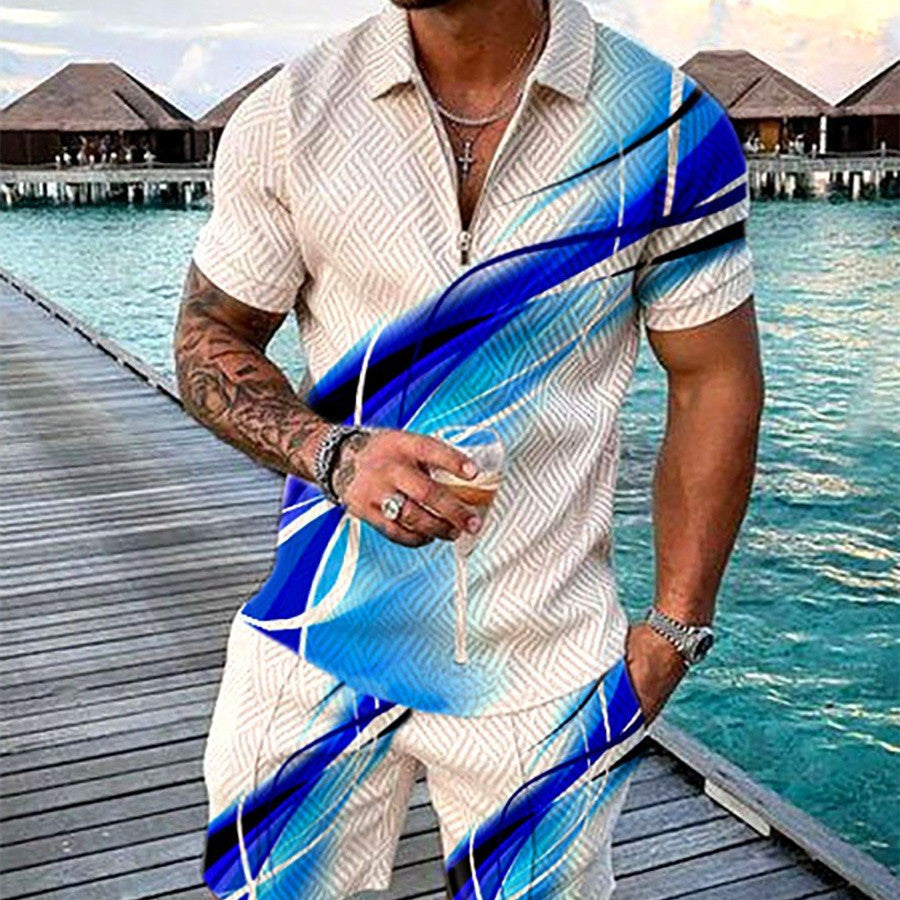 PB Di Moda Printed Short Sleeve Geometric Zip Lapel Shirt Set