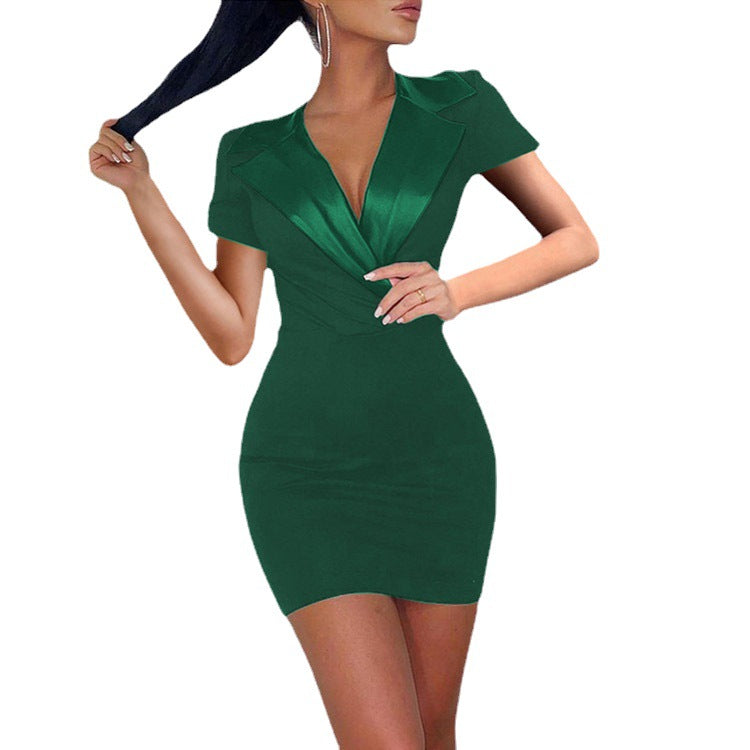 PB Di Moda Dress Slim Short Sleeve V Neck Leather Collar