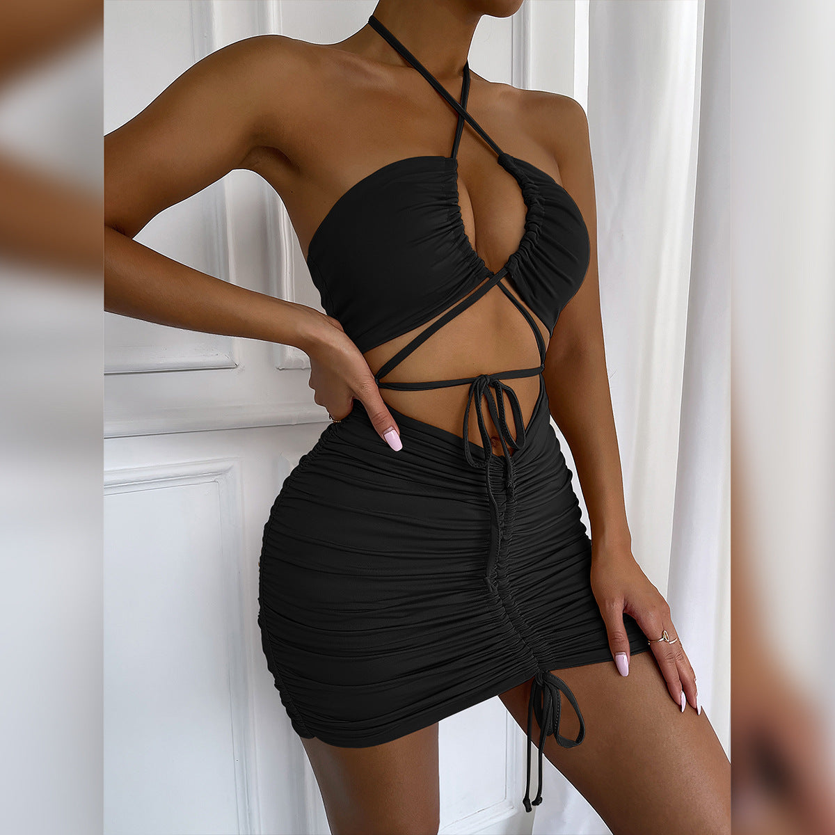 PB Di Moda Summer Hollow Strap Pleated Hip Dress
