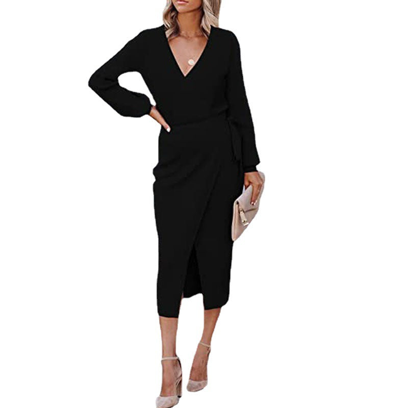 PB Di Moda Elegant V-Neck Solid Color Knit Dress