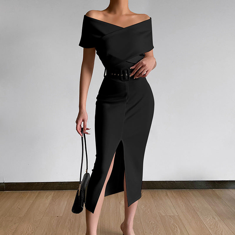 PB Di Moda Commuter Simple Off-the-shoulder Belt Slit Skirt