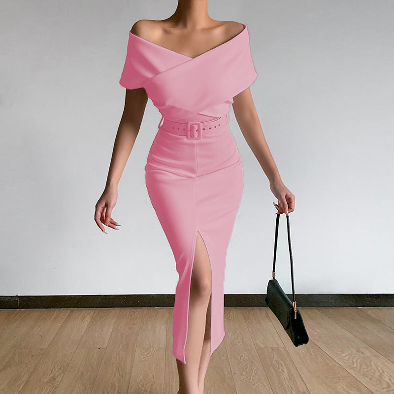 PB Di Moda Commuter Simple Off-the-shoulder Belt Slit Skirt