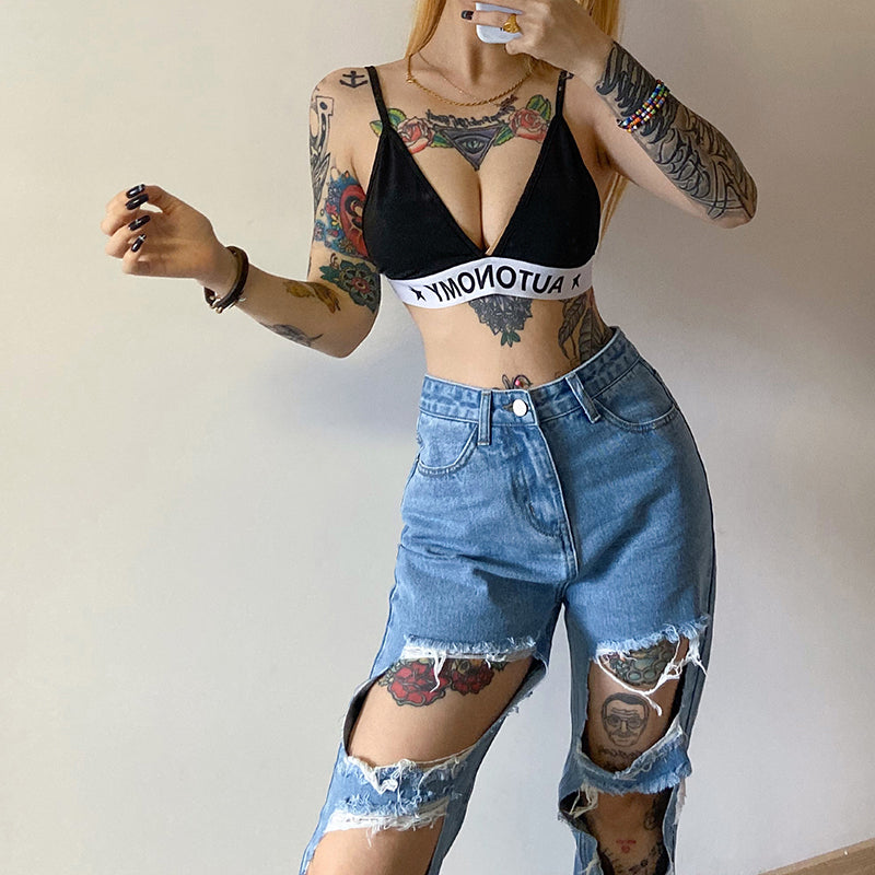 PB Di Moda Fashion Style Ripped raw high-rise jeans