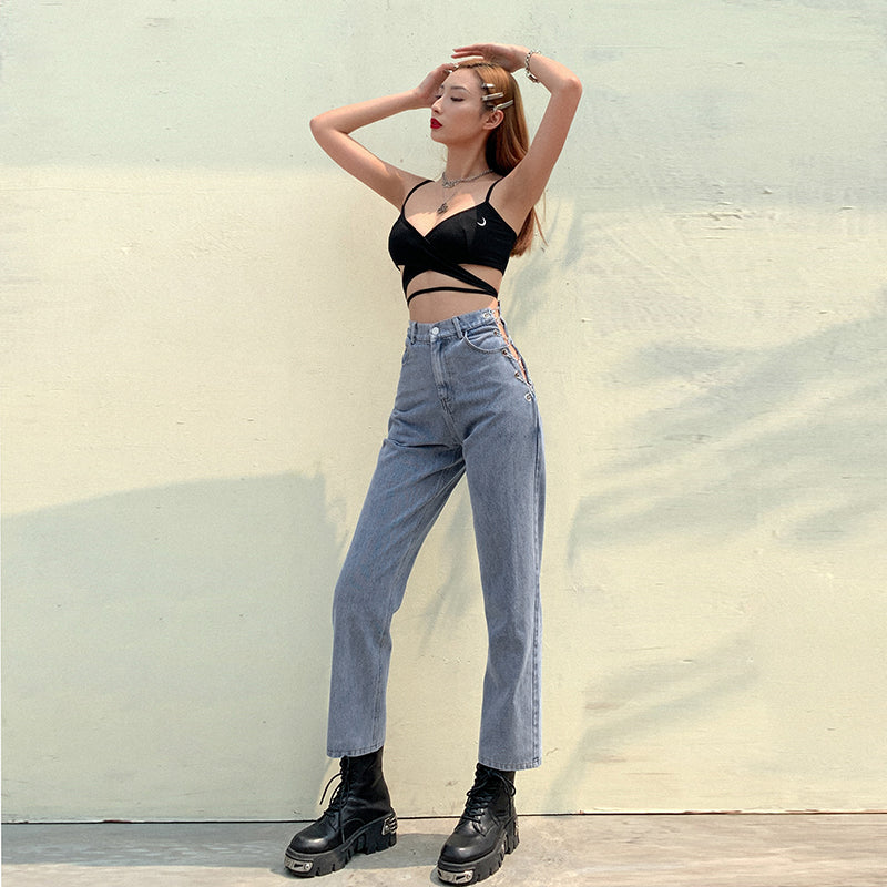 PB Di Moda Fashion Style High waist jeans personality chain