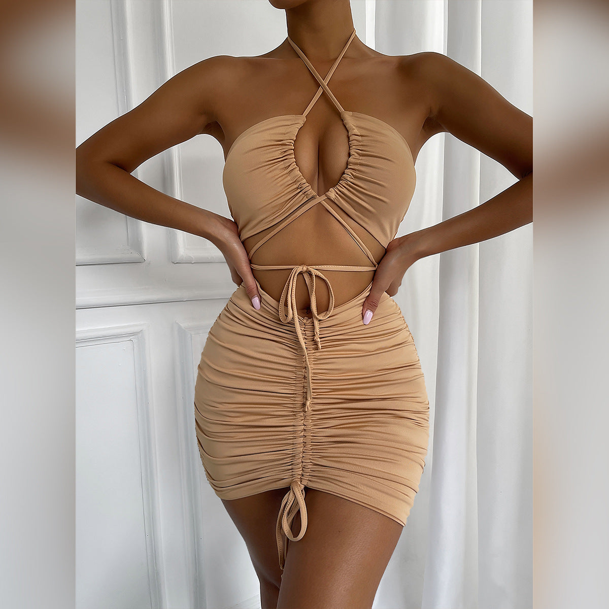 PB Di Moda Summer Hollow Strap Pleated Hip Dress