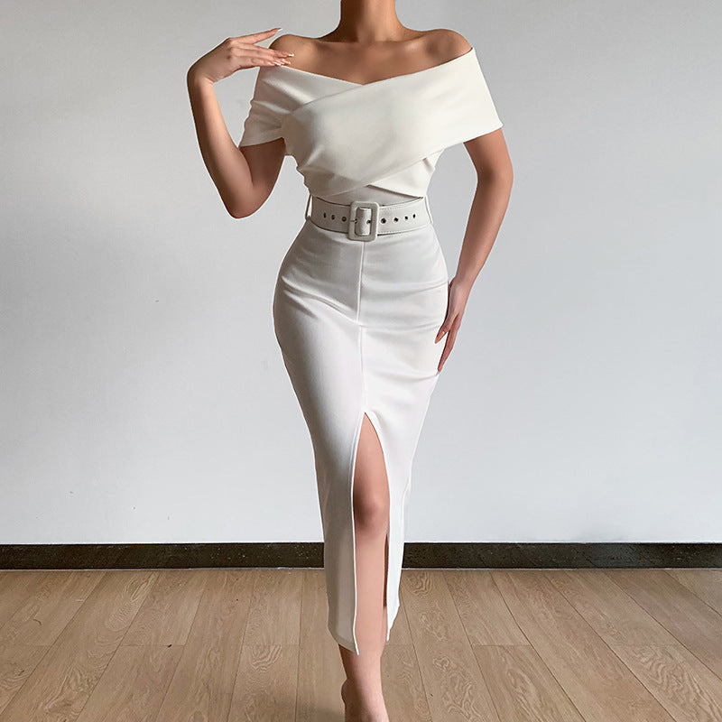 PB Di Moda Commuter Simple Off-the-shoulder Belt Slit Skirt