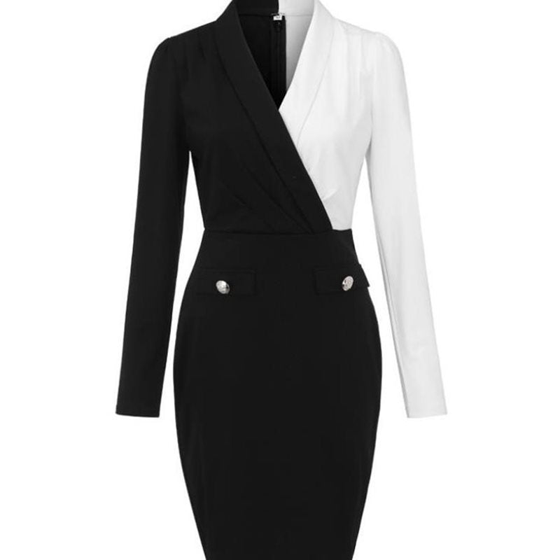 PB Di Moda Long Sleeve Black And White Stitching Suit Hip Skirt
