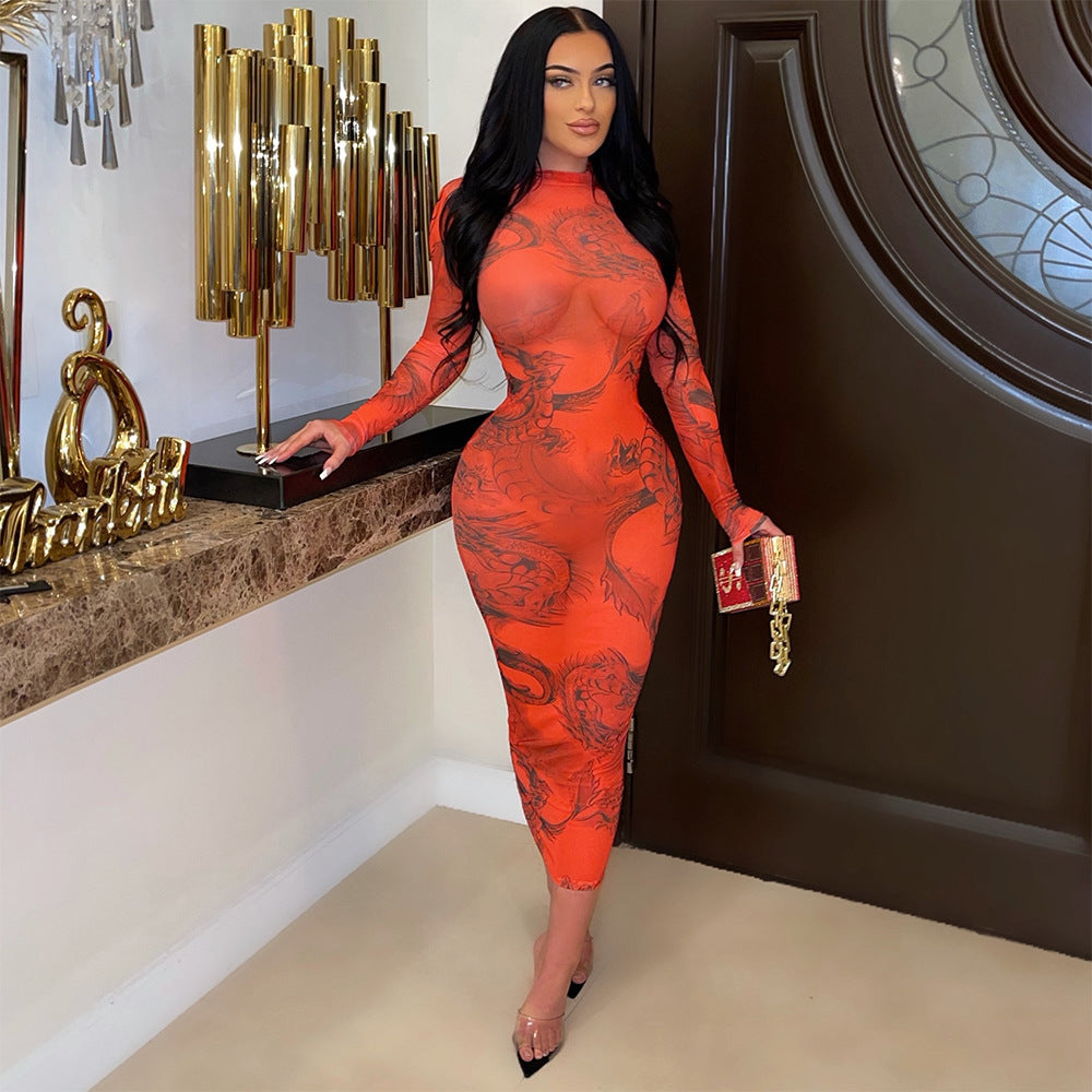 PB Di Moda Mesh Print Sheer Long Sleeve Dress