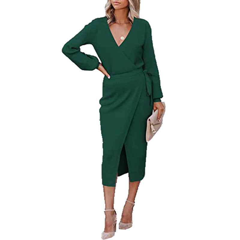 PB Di Moda Elegant V-Neck Solid Color Knit Dress