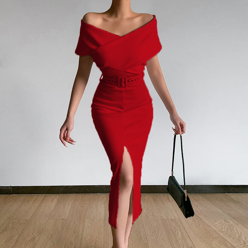 PB Di Moda Commuter Simple Off-the-shoulder Belt Slit Skirt
