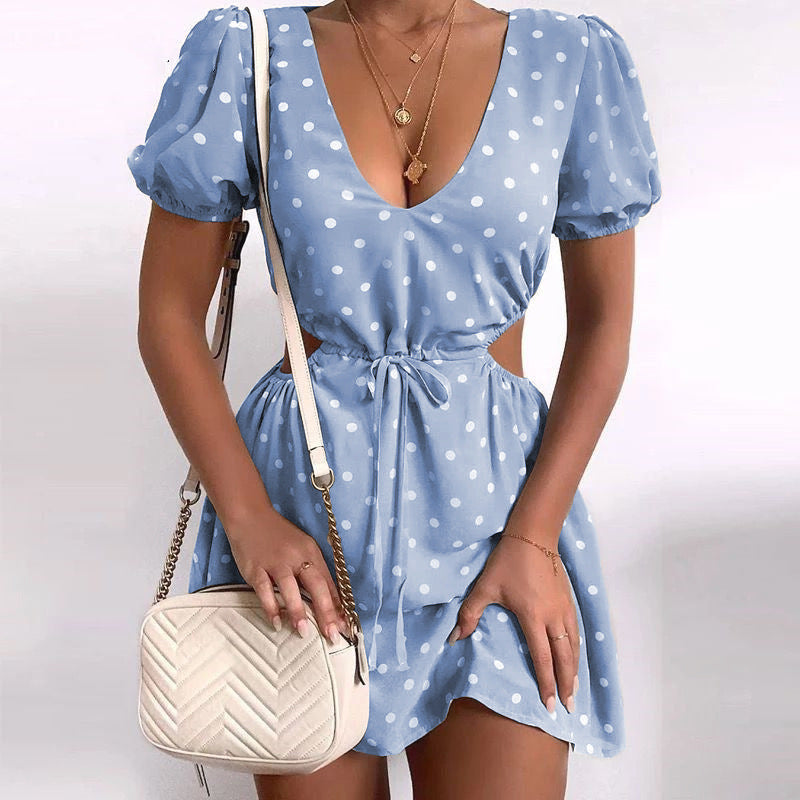 PB Di Moda Dotted Prints Hollow-out Waist Short Sleeve Dress