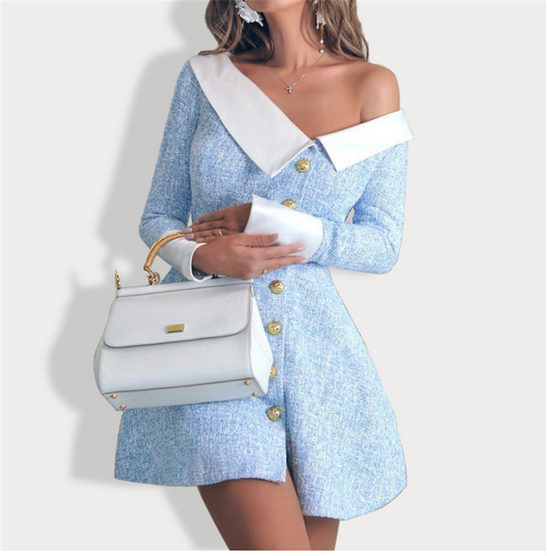 PB Di Moda Lapel Oblique Shoulder Irregular Dress