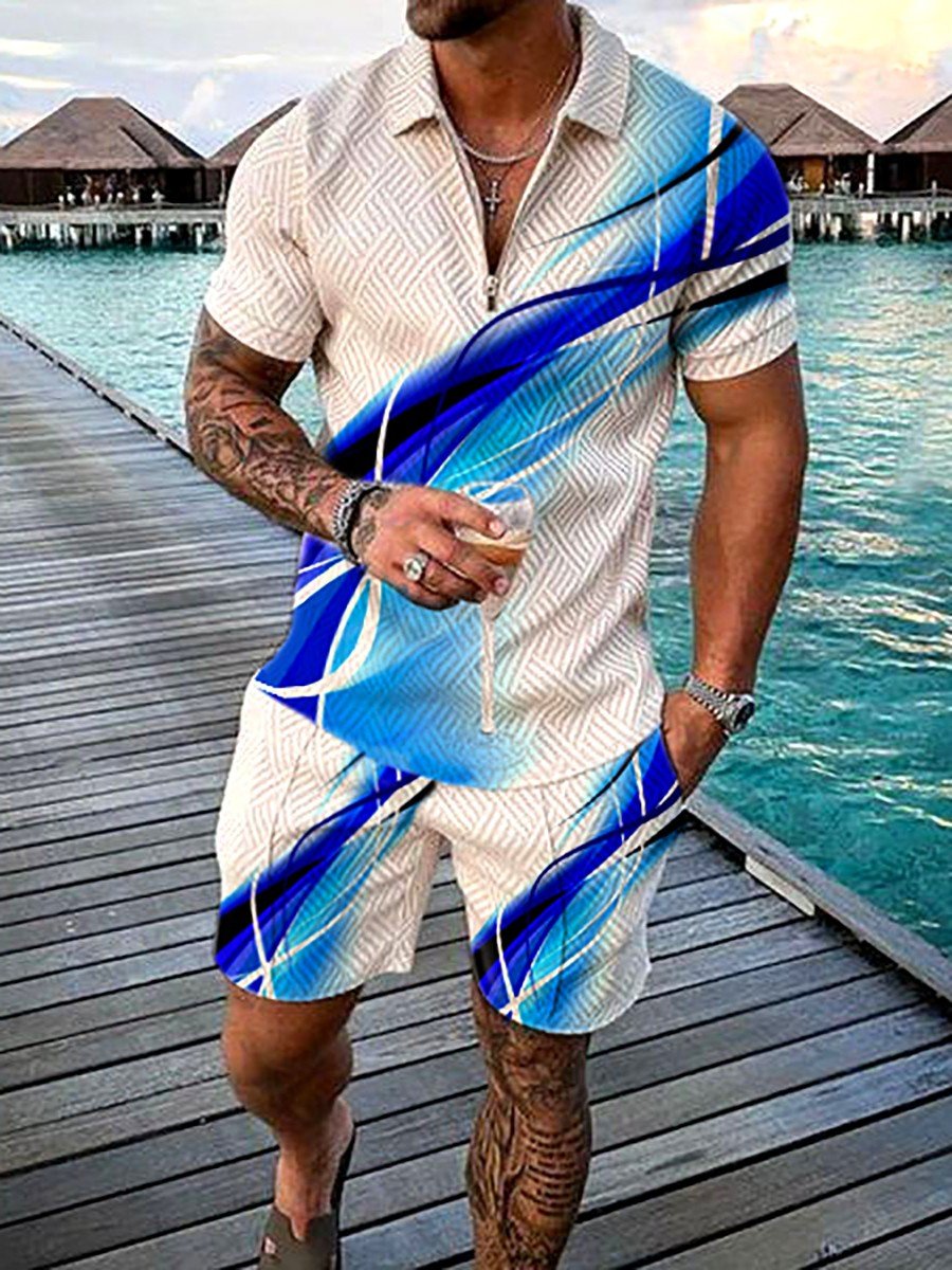 PB Di Moda Printed Short Sleeve Geometric Zip Lapel Shirt Set