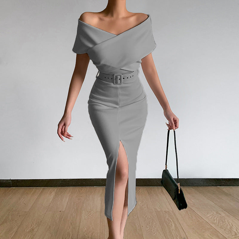 PB Di Moda Commuter Simple Off-the-shoulder Belt Slit Skirt