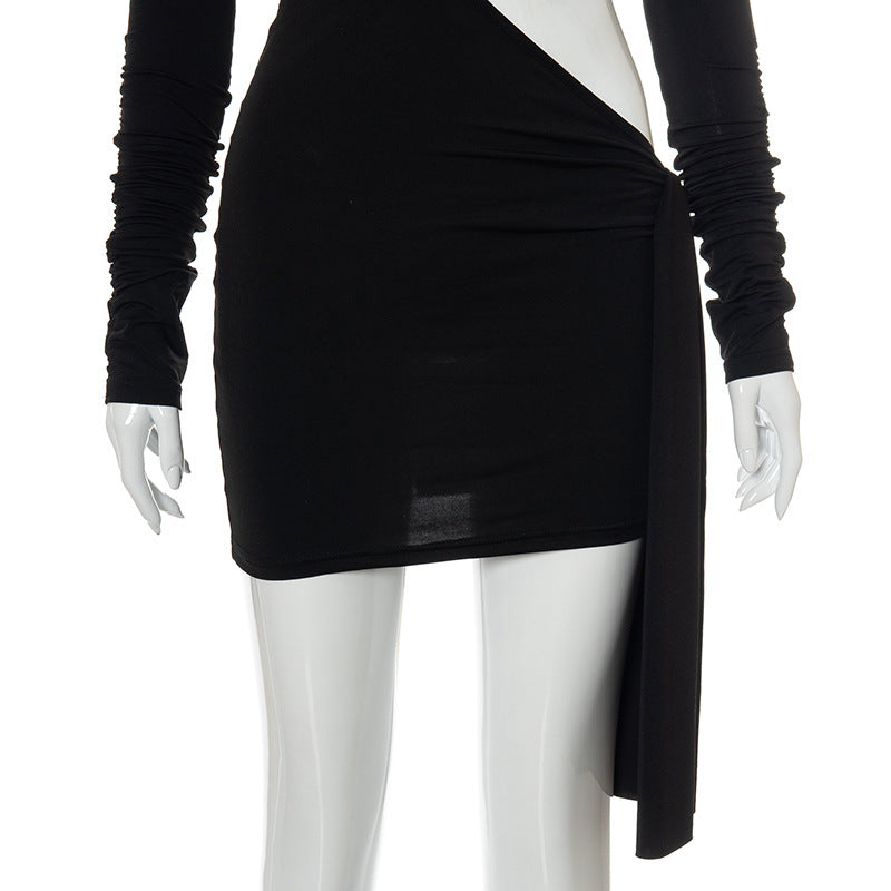 PB Di Moda Round Neck Leisure Lace-up Long Sleeve Short Dress