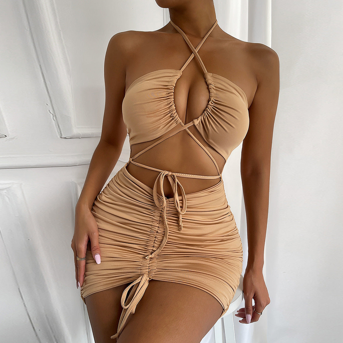 PB Di Moda Summer Hollow Strap Pleated Hip Dress