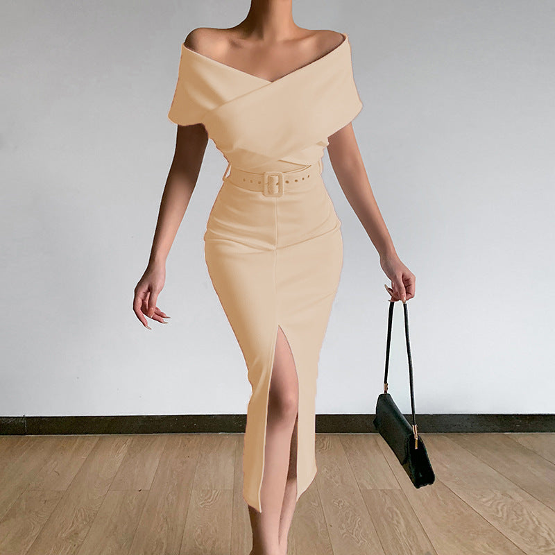 PB Di Moda Commuter Simple Off-the-shoulder Belt Slit Skirt