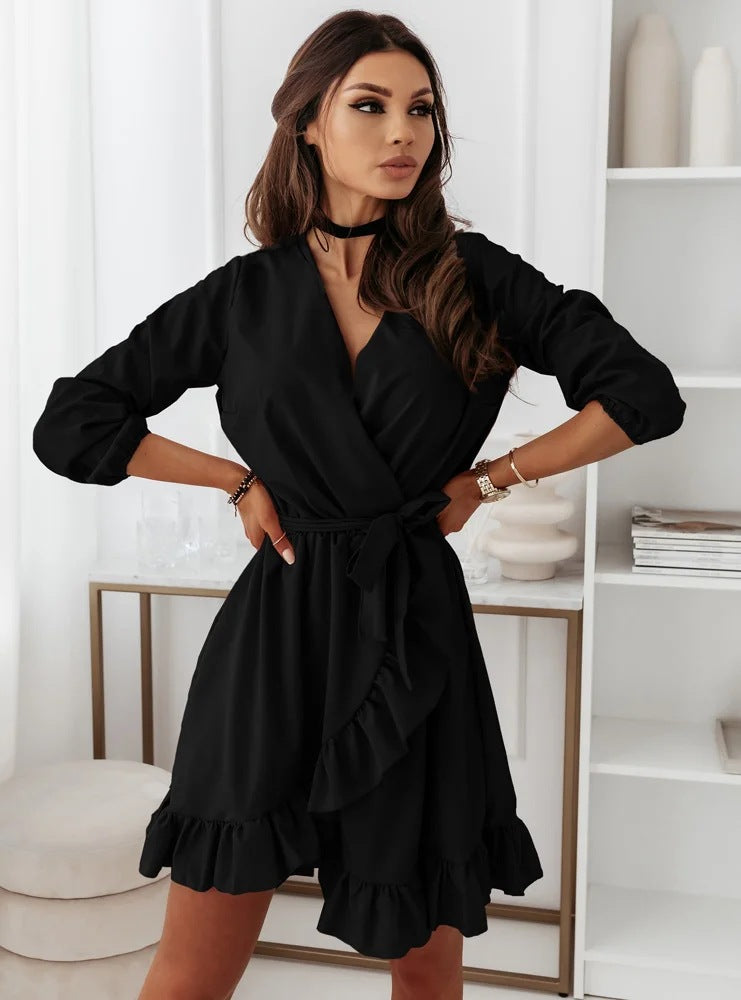 PB Di Moda Fashion Long-sleeved Ruffled Belted Dress