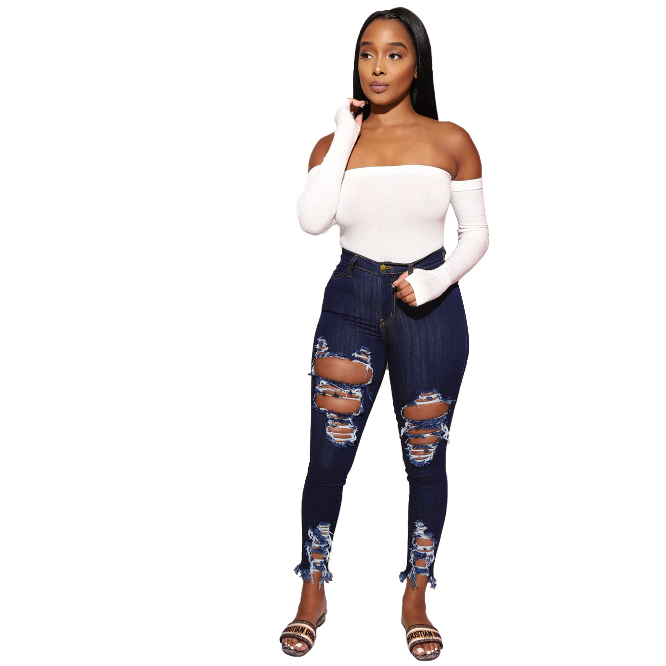 Ripped Elastic Feet Jeans