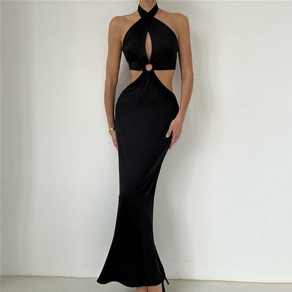 PB Di Moda Sexy Fashion Stitching Neck Straps Backless Long Dress