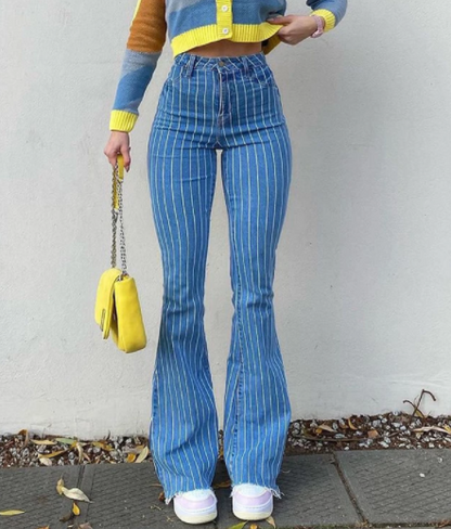 PB Di Moda Fashion Street Retro Hot Girl Style Striped Bell Bottom Pants