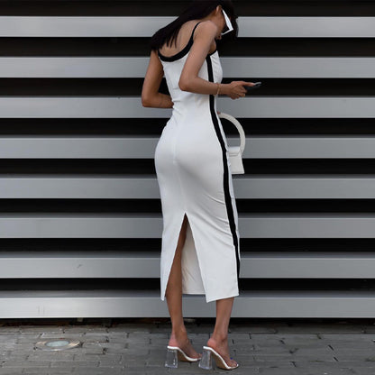 PB Di Moda Fashionable Elegant Color Contrast Patchwork Slim-fit Dress